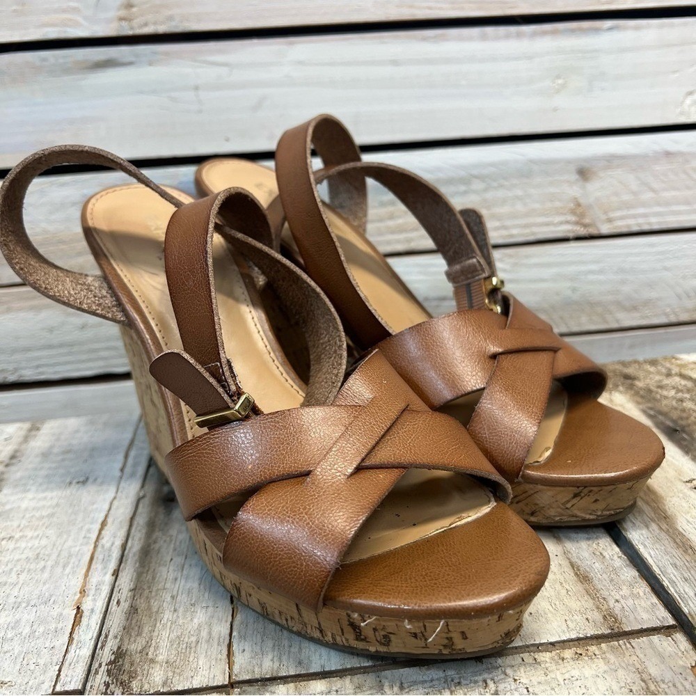 Express Tan Faux Leather Cork Wedge Platform Ankle Strap Sandals Size 8 - Picture 9 of 10